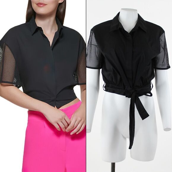 DKNY Mixed Media Crop Button-Up Shirt in Black - Picture 1 of 5
